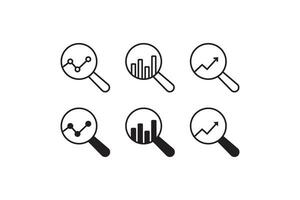 bussines ricerca icona impostare. analizzare economia illustrazione simbolo. cartello ingrandimento bicchiere e grafico vettore