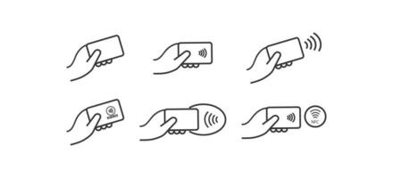 senza contatto pagamento icona impostare. credito carta e mano rubinetto pagare onda illustraton simbolo. cartello nfc vettore