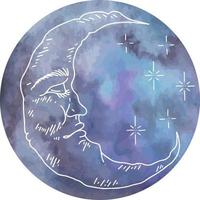 grafica vettoriale di nuvole e stelle con la luna dell'acquerello. set di caratteri illustrazione vettoriale isolato. mezzaluna grafica con faccia, disegnata a mano in stile incisione. astrologia, alchimia e simbolo magico.