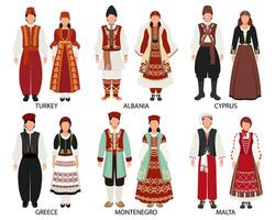un' impostato di coppie nel popolare costumi di europeo Paesi. turco, Albania, montenegro, Grecia, Cipro, Malta. cultura e tradizioni. illustrazione, vettore