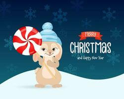 carino coniglietto con Natale caramella su un' nevoso sfondo con i fiocchi di neve e congratulazioni testo. Natale, nuovo anno carta, vettore