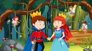 scena di foresta fantasy con principe e principessa vettore