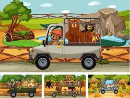 diverse scene di safari con animali e personaggi dei cartoni animati per bambini vettore