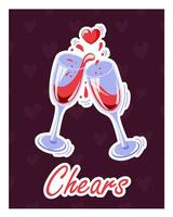 cartolina con Due vino bicchieri nel cartone animato stile. manifesto con Saluti, spruzzi e cuori. vettore illustrazione.