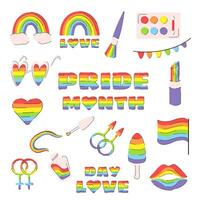 LGBTQ piatto impostato collezione. orgoglio mese adesivi, LGBTQ più relazionato simboli impostato nel arcobaleno colori orgoglio bandiera, cuore, arcobaleno, amore. gay orgoglio mese. piatto design segni isolato su un' bianca sfondo. vettore