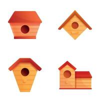 fatto a mano birdhouse icone impostato cartone animato vettore. vario di legno birdhouse vettore