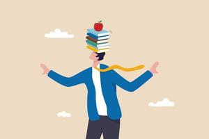 libri di sviluppo aziendale, apprendimento o studio di nuove abilità per l'auto-miglioramento e il successo nel concetto di lavoro, istruzione o conoscenza, libri di equilibrio uomo d'affari intelligenti pila sulla sua testa con mela in cima vettore