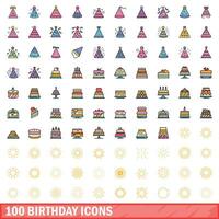 100 compleanno icone impostare, colore linea stile vettore