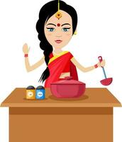 indiano donna cucinando , illustrazione, vettore su bianca sfondo.