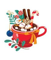Natale cacao con marshmallows nel il forma di un' pupazzo di neve. carino Natale Stampa. vettore. vettore
