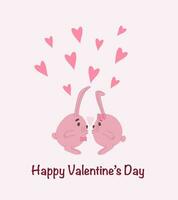 San Valentino giorno saluto carta con Due baci conigli e cuori vettore