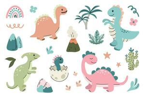 impostato con carino dinosauri. divertente dinosauri collezione con diverso tipi di carino animali. vettore illustrazione isolato su bianca sfondo