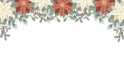 Natale sfondo con rosso e bianca poinsettia foglie, abete e vischio confine e copia spazio per testo. floreale inverno decorazione vettore