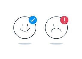 cattivo, bene esperienza, cliente supporto Servizi, risposta concetto, felice, infelice emoji icone vettore
