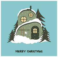 Natale carta con un' Casa nel il neve con Natale alberi e nevicata. vettore