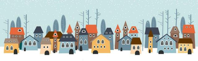 carino Natale e inverno case. nevoso notte nel accogliente Natale cittadina panorama. vettore