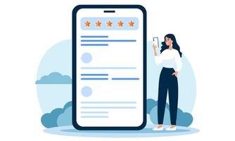 piatto vettore illustrazione. un' donna è valutazione un app. un' alto valutazione di cinque stelle. illustrazione per un' richiesta per Vota il opera