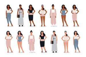 donna moderna alla moda in stile piatto. set di personaggi femminili vettoriali con diversi colori della pelle in abiti diversi. illustrazione vettoriale