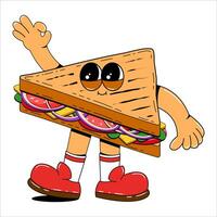 Sandwich personaggio nel retrò cartone animato stile. vettore illustrazione di un' carino veloce cibo portafortuna con braccia e gambe. isolato illustrazione su bianca sfondo.