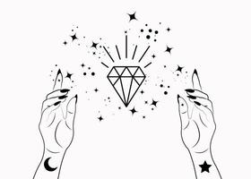 mistica donna mani alchimia esoterico spazio magico stelle, simbolo di cristallo, geometria sacra. logo in stile boho nell'icona del tatuaggio di contorno nero. occultismo spirituale mistico segno wicca. vettore isolato su bianco