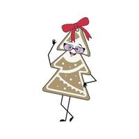 simpatico personaggio di biscotto di pan di zenzero a forma di albero di natale allegro con emozioni, sorriso, mani e gambe. dolci di buon anno. decorazione natalizia con fiocco vettore