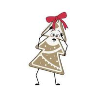 simpatico personaggio di biscotto di pan di zenzero a forma di albero di natale con emozioni in preda al panico afferra la testa, il viso, le braccia e le gambe. dolci di buon anno. decorazione natalizia con fiocco vettore