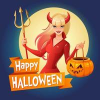 felice halloween card con donna in costume da diavolo illustrazione vettoriale