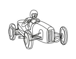 disegno a tratteggio continuo del pilota di auto da corsa d'epoca vettore