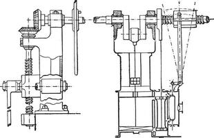 la messa in produzione di il vapore treno macchina, Vintage ▾ incisione. vettore