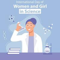 illustrazione vettore grafico di un' donna Tenere e guardare a un erlenmeyer bicchiere, Perfetto per internazionale giorno, donne e ragazza nel scienza, celebrare, saluto carta, eccetera.