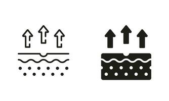 umidità evaporazione di pelle simbolo collezione. pelle acqua perdita linea e silhouette nero icona impostare. pelle struttura e frecce su umidità traspirante processi pittogramma. isolato vettore illustrazione.