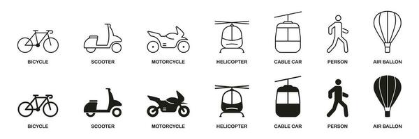 traffico cartello collezione. veicolo simboli, mezzi di trasporto modalità linea e silhouette icona impostare. pedone, elicottero, bicicletta, motociclo, ciclomotore, cavo auto pittogramma. isolato vettore illustrazione.