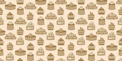 Pasticcino, dolce forno senza soluzione di continuità modello. confetteria cottura al forno design. mano disegnato torta, cupcakes e muffin scarabocchi sfondo per involucro carta, pacchetto Stampa, caffetteria e negozio vettore sfondi