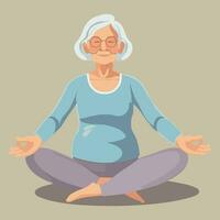 anziano esercizio di femmina. esercizio personaggio design. contento anziano donna fare yoga esercizio vettore