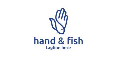 logo design combinazione di mano forma con pesce. minimalista linea logo. vettore