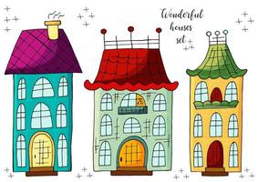 serie di illustrazioni di piccole case in stile di disegno a mano. raccolta di illustrazioni vettoriali per il tuo design. bei disegni