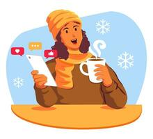 donna nel inverno Abiti con un' tazza di caffè e un' smartphone sociale media vettore