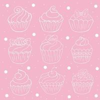 set di icone di cupcakes, muffin in mano disegnare stile. raccolta di illustrazioni vettoriali per il tuo design. pasticcini dolci, muffin