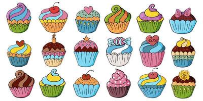 set di icone di cupcakes, muffin in mano disegnare stile. raccolta di illustrazioni vettoriali per il tuo design. pasticcini dolci, muffin