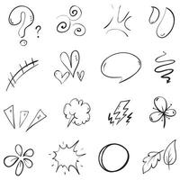 set vettoriale di doodle di segni di espressione cartoonesca disegnati a mano, frecce direzionali curve, elementi di design di effetti emoticon, simboli di emozione dei personaggi dei cartoni animati, linee di pennellate decorative carine.