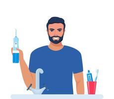 uomo utilizzando dentale irrigatore, orale igiene attrezzo. dentale Salute concetto. pulizia denti. vettore illustrazione.