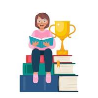 pila di libri con d'oro tazza trofeo. lettura, letteratura, enciclopedia. ragazza seduta su il pila di libri e lettura libro. genio ragazzo. conoscenza, creatività, scoperte. vettore illustrazione.