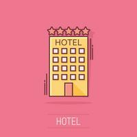 vettore cartone animato Hotel icona nel comico stile. Torre cartello illustrazione pittogramma. Hotel appartamento attività commerciale spruzzo effetto concetto.