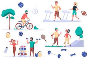 insieme di elementi isolati attività di fitness. gruppo di sportivi su tapis roulant, ciclismo o rollerblade, esercizi con manubri, allenamenti in palestra. kit creatore per l'illustrazione vettoriale nel design piatto del fumetto