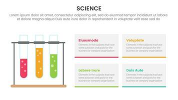 Salute e scienza ricerca Infografica 4 punto palcoscenico modello con bicchiere test tubo concetto per diapositiva presentazione vettore