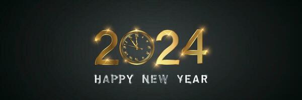 contento nuovo 2024 anno elegante oro testo con fuochi d'artificio, orologio e luce. minimalista testo modello. vettore