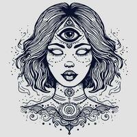 wiccan e occulto donna viso con terzo occhio, chakra e spiritualità concetto arte. tatuaggio vettore di un' psichedelico strega fortuna cassiere con rune e incantesimi su sua viso.