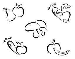 nero simboli di verdure e frutta su bianca vettore