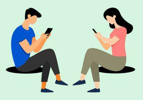 piatto illustrazione di un' uomo e donna chat con un' inteligente Telefono persone utilizzando Telefono. persone utilizzando tecnologia piatto illustrazione vettore
