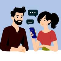 piatto illustrazione di un' uomo e donna chat con un' inteligente Telefono vettore